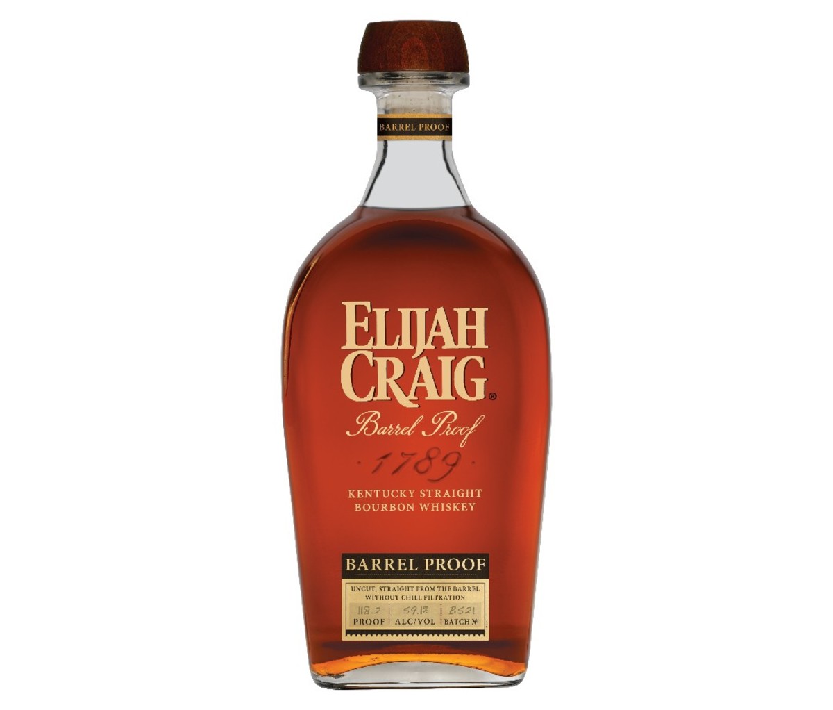 A bottle of Elijah Craig Barrel Proof bourbon.