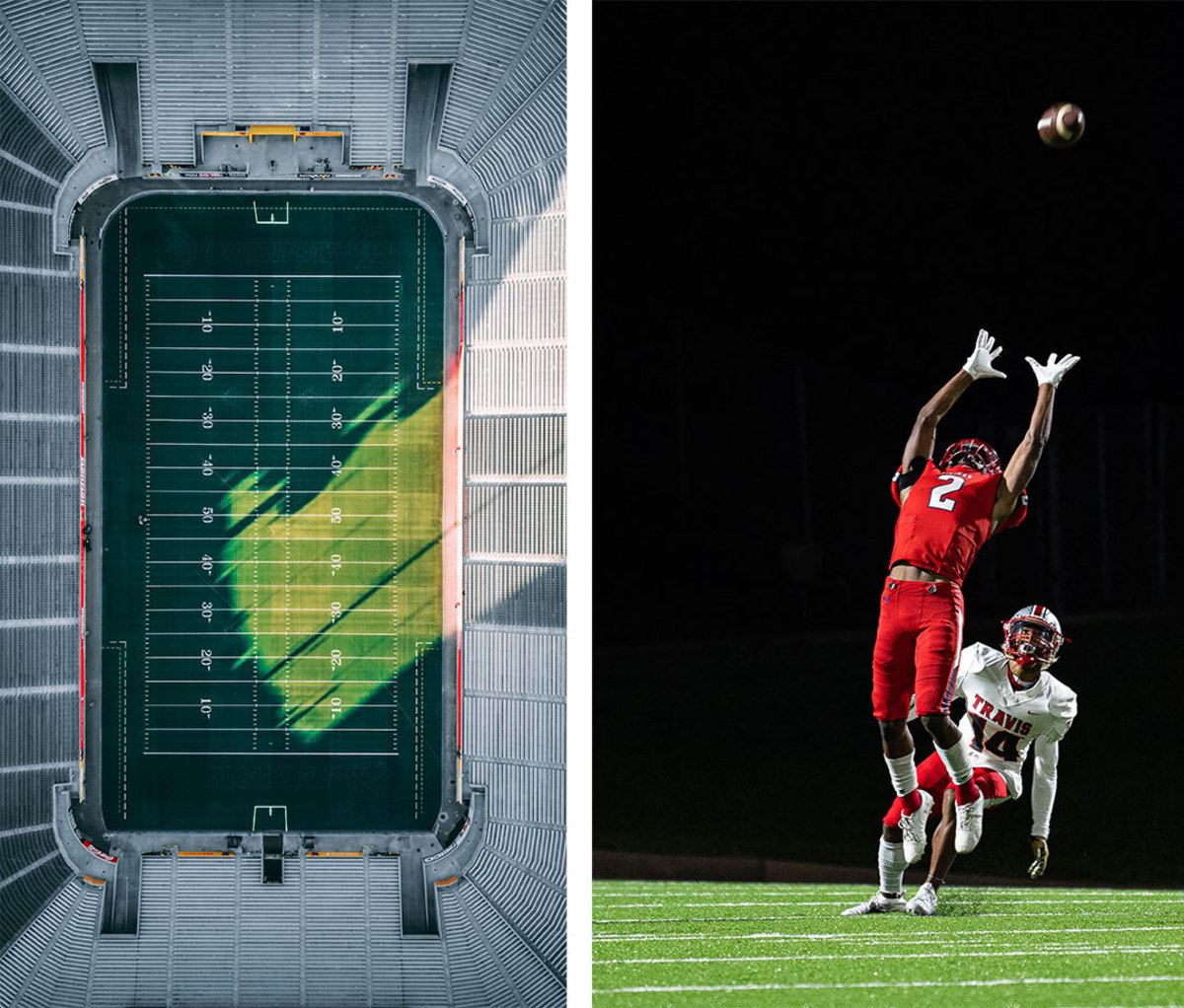 Composite image of stadium and college football player catching ball in the air
