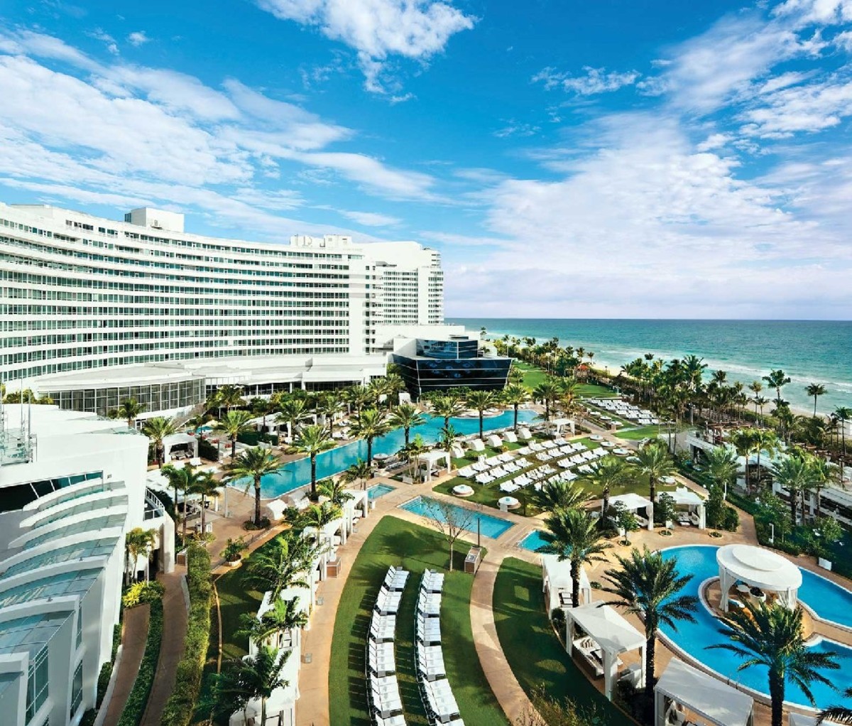 A view of the pool area, ocean, and the Fontainebleau Hotel in Miami Beach, Florida.