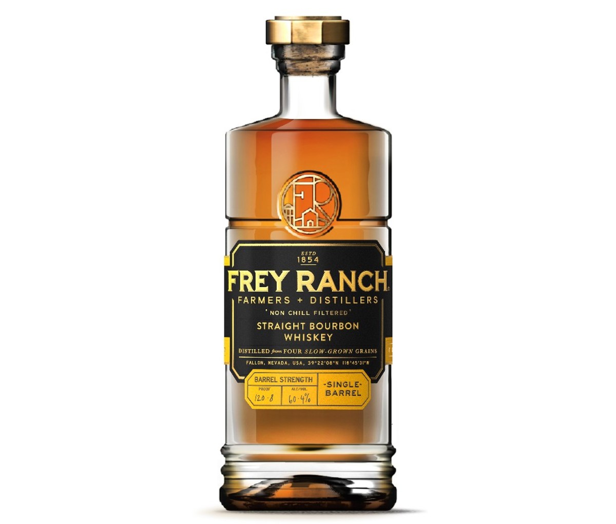 A bottle of Frey Ranch Single Barrel Bourbon.
