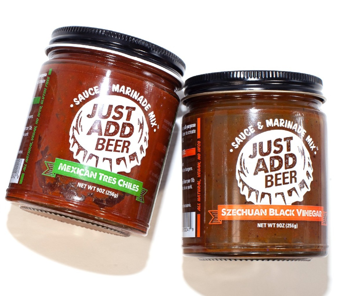 Jars of Just Add Beer Sauce & Marinade Mix.
