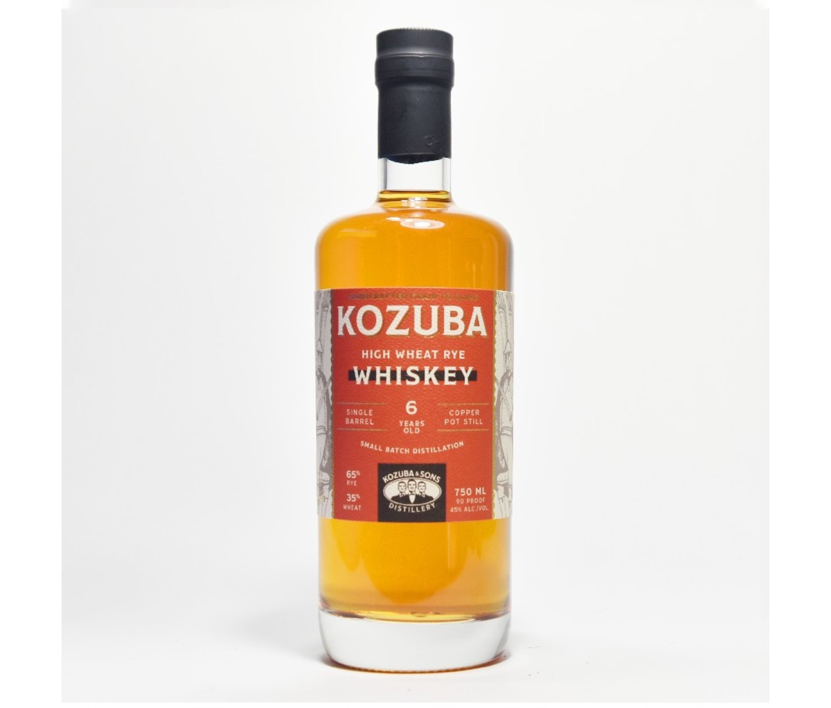 A bottle of Kozuba Distillery High Wheat Rye Whiskey.