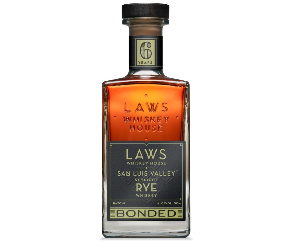A bottle of Laws Saint Luis Valley Straight Rye.