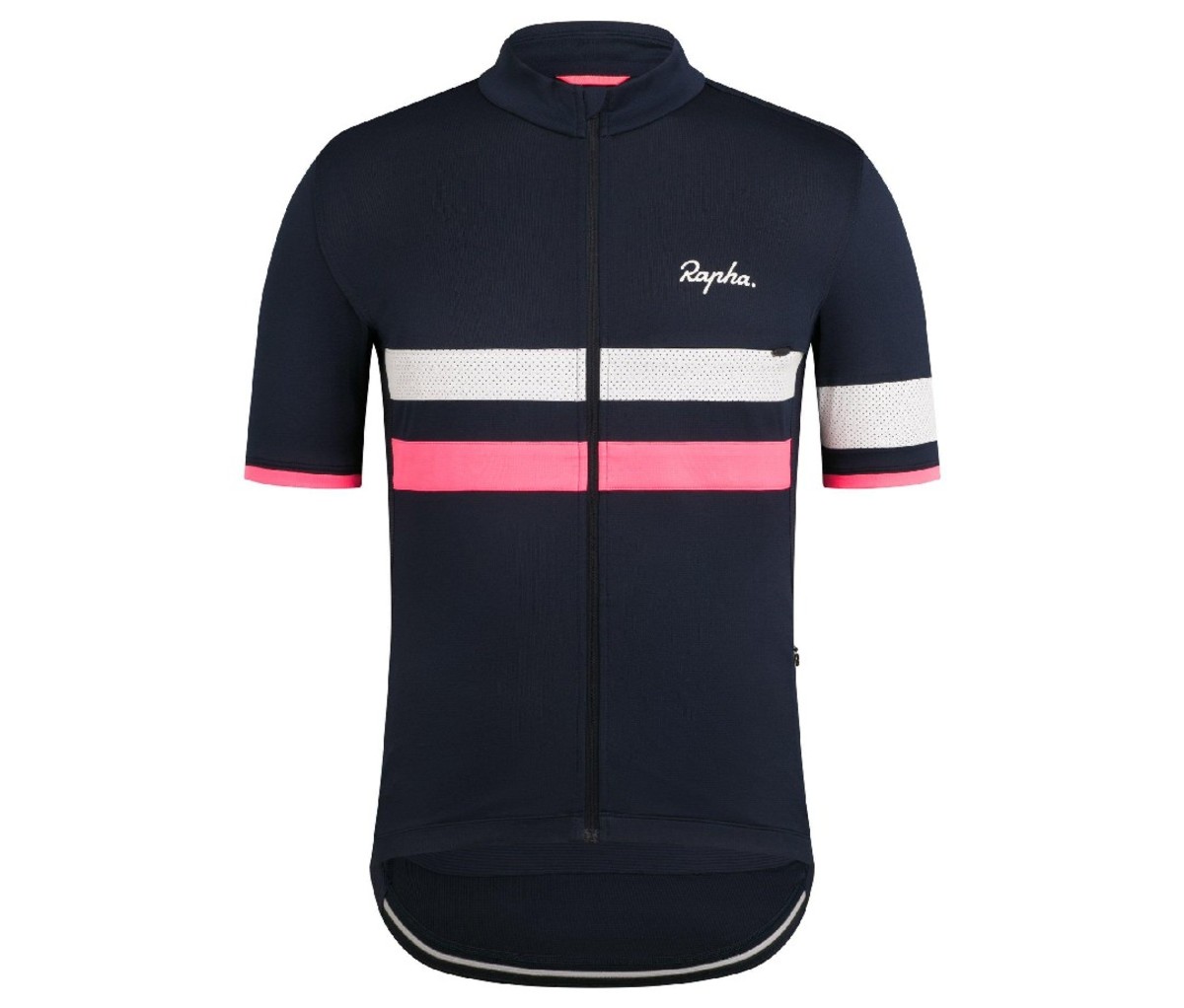An image of a navy blue Rapha Brevet lightweight jersey with white and pink stripes.