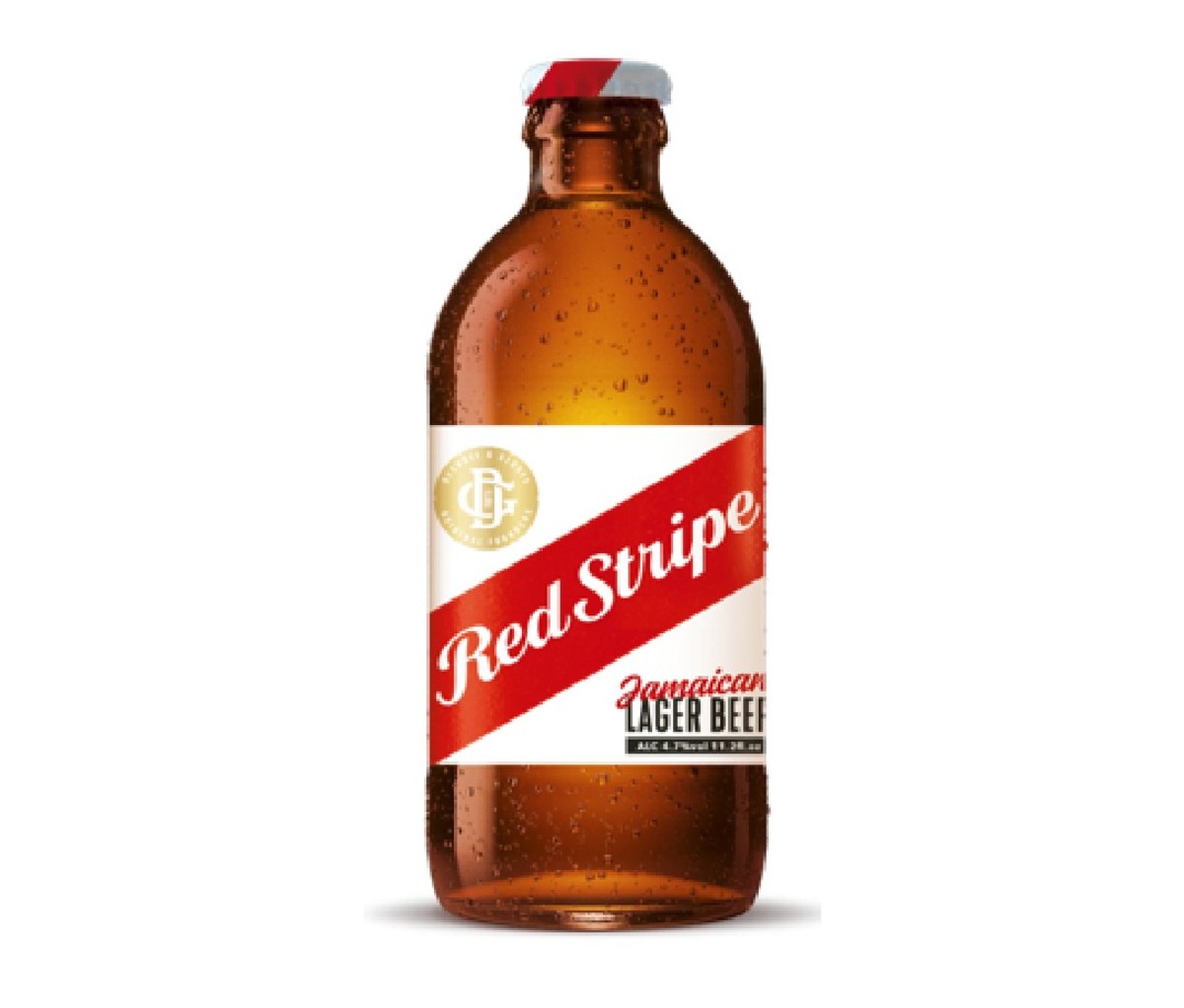 A bottle of Desnoes & Geddes Red Stripe beer.