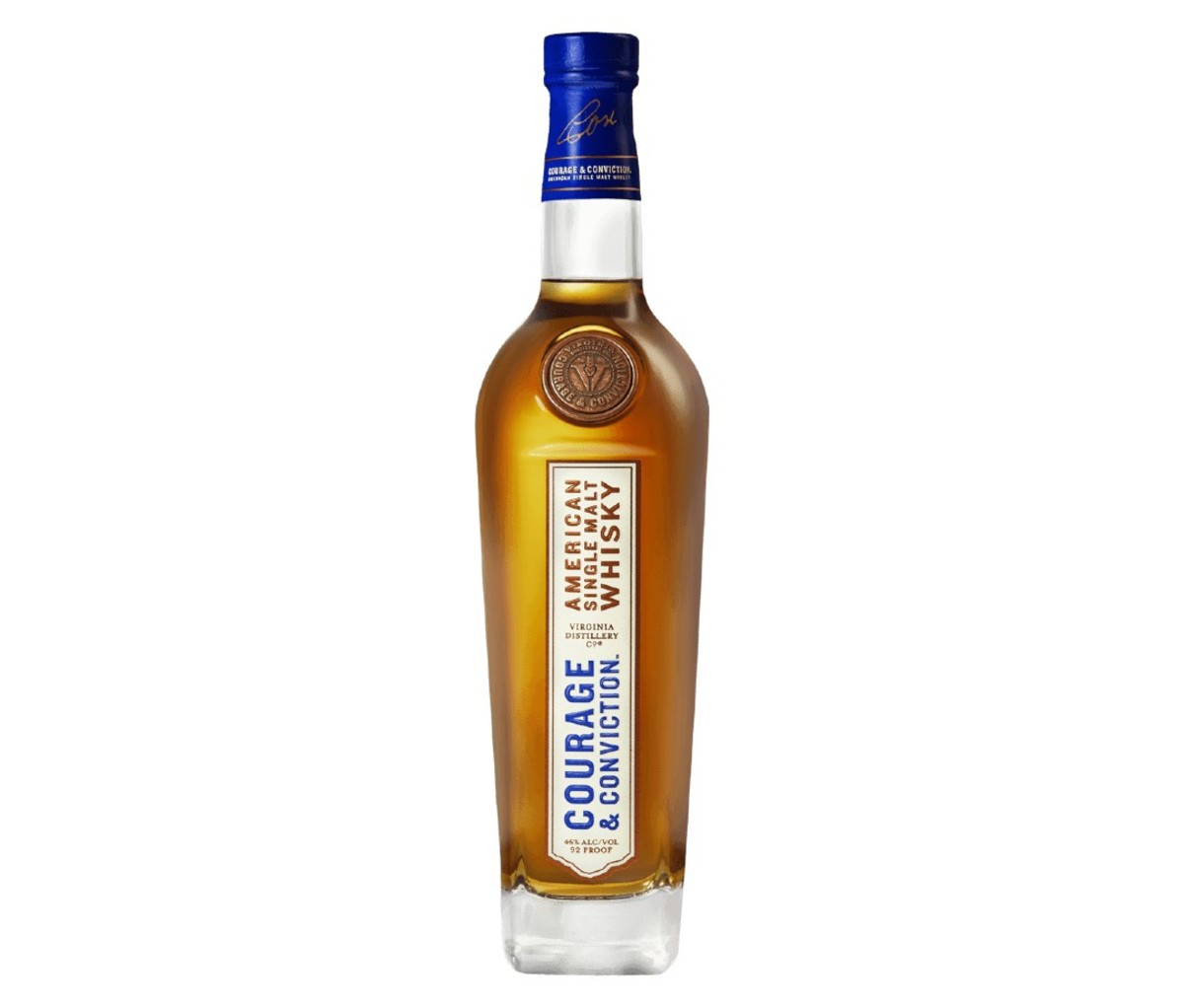 A bottle of Virginia Distillery Courage & Conviction American Single Malt Whisky