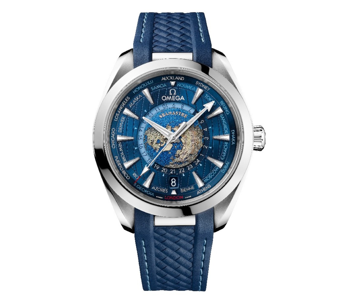 Closeup of Omega Aqua Terra 150 Worldtimer watch