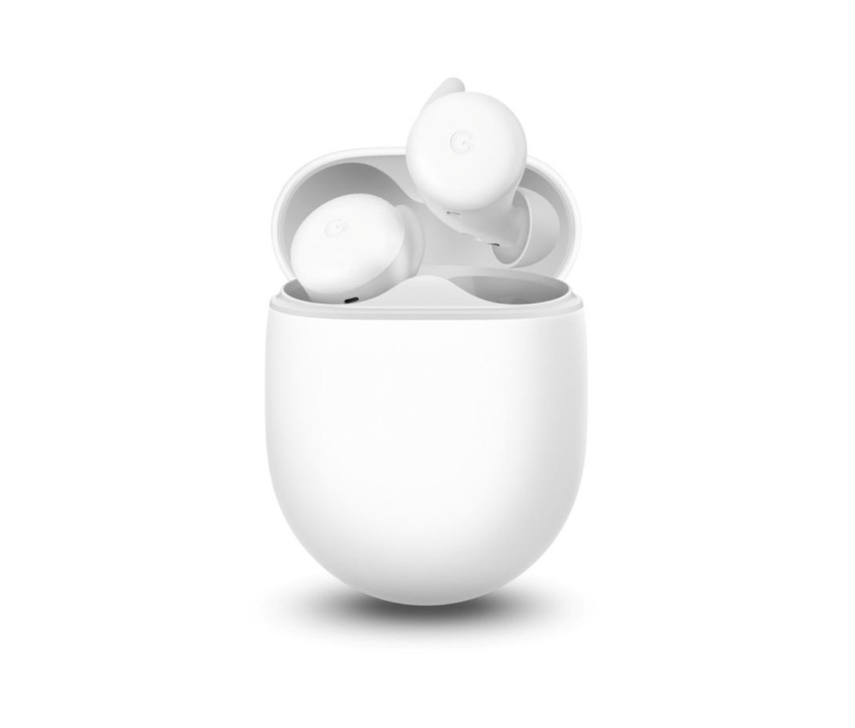 White pair of Google Pixel Buds A-Series in a white charging case