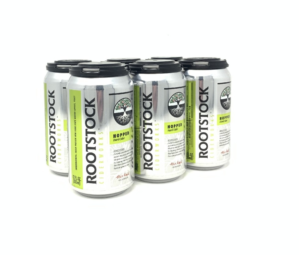 6-pack cans of Rootstock hopped cider