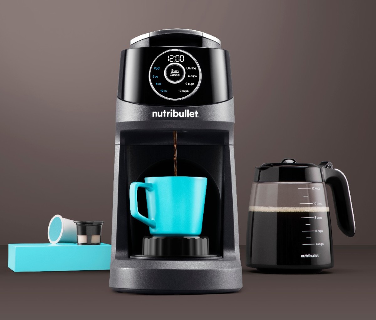 nutribullet Brew Choice Pod + Carafe with full put of coffee and turquoise cup