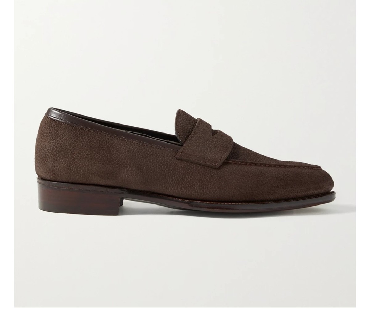 A George Cleverley Bradley III Leather-Trimmed Pebble-Grain Suede Penny Loafer