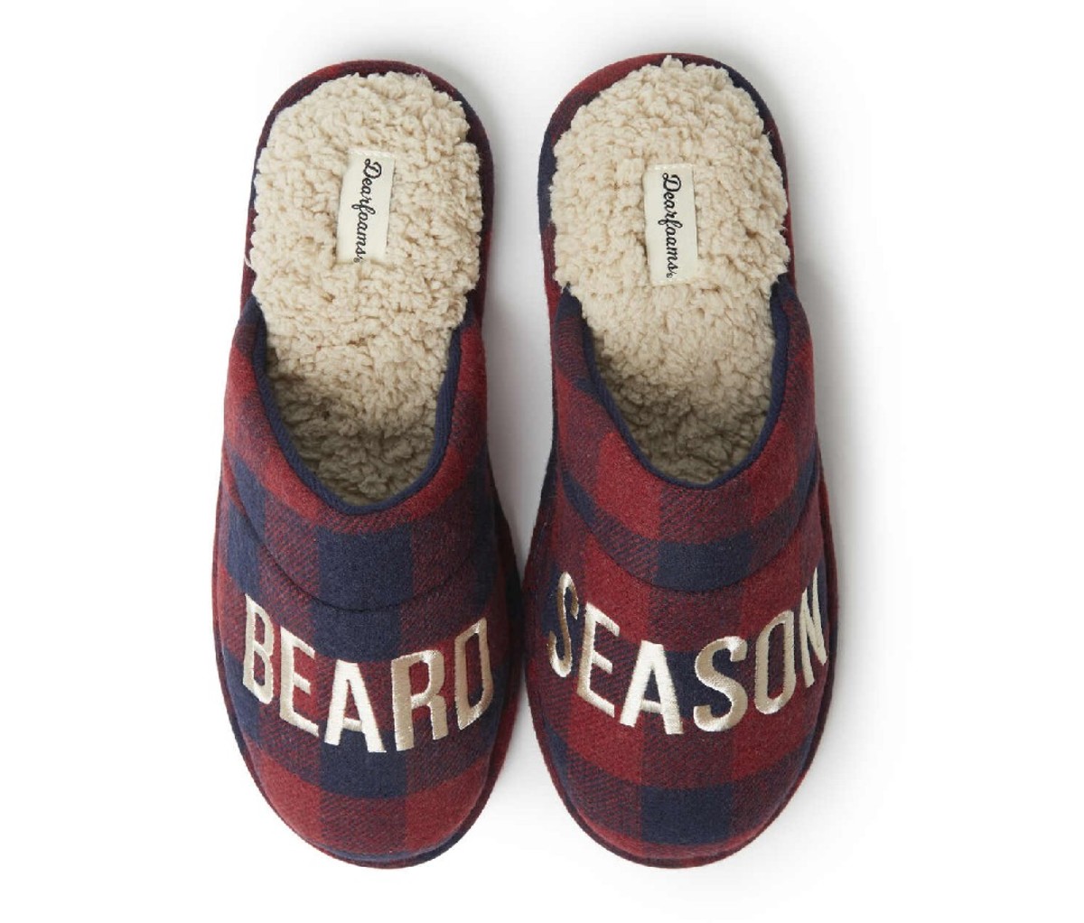 Pair of red plaid Dearfoam Slippers with 