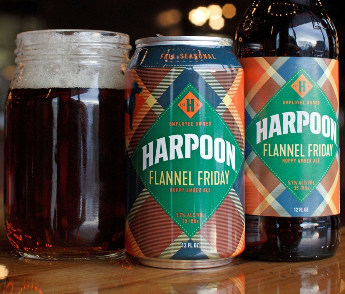 Harpoon Flannel Friday fall beer in a mug, a can, and a bottle