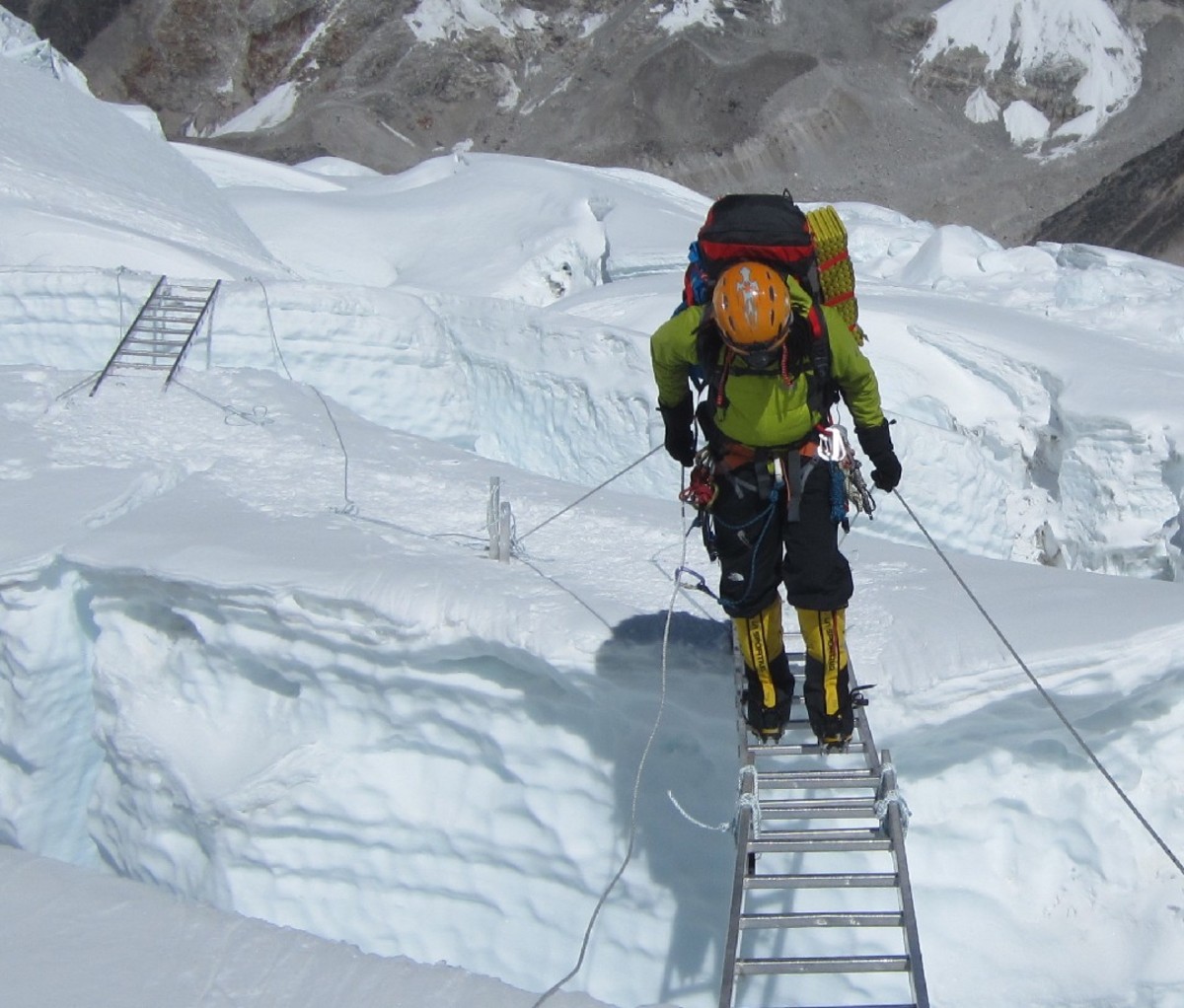 Ice climbing using double ladders on Everest