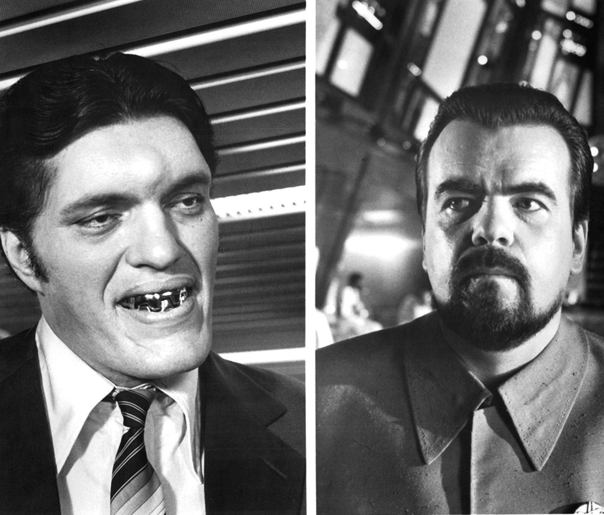 Actors Richard Kiel as Jaws and Michael Lonsdale as Hugo Drax in 'Moonraker'