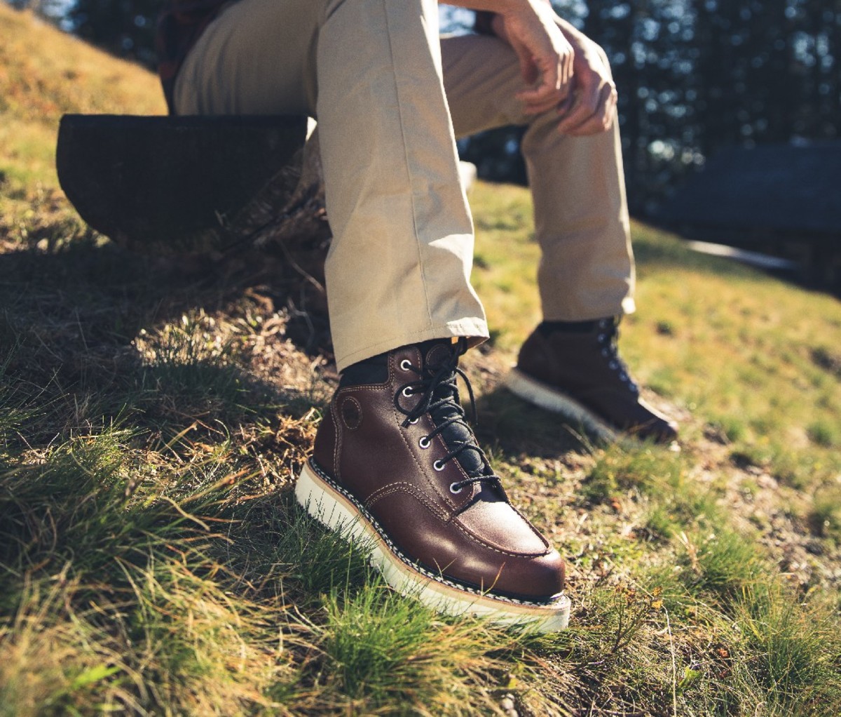 Brown leather boot with white midsole