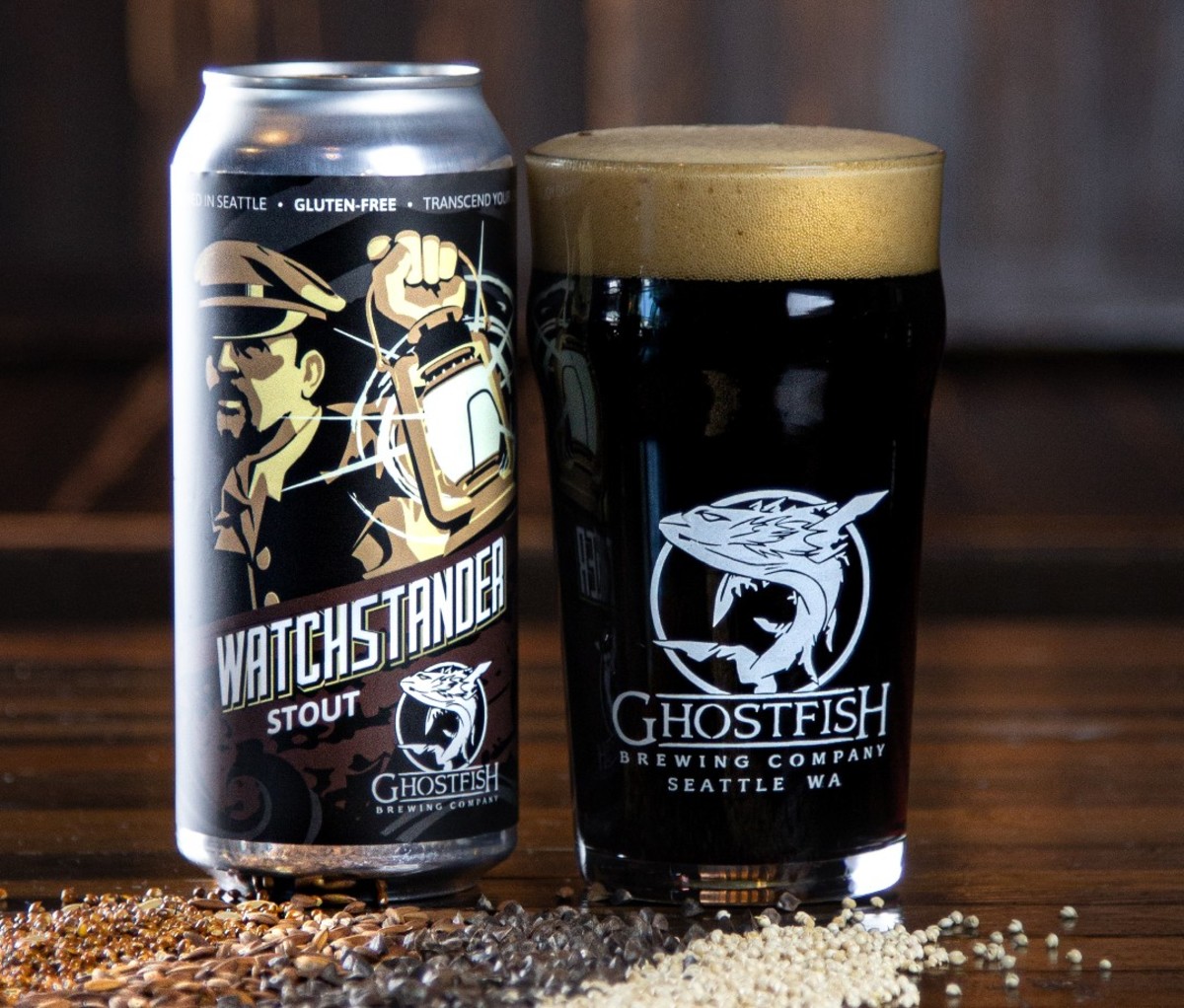 Tall can and filled pint glass of gluten-free Ghostfish Brewing Company Watchstander Stout
