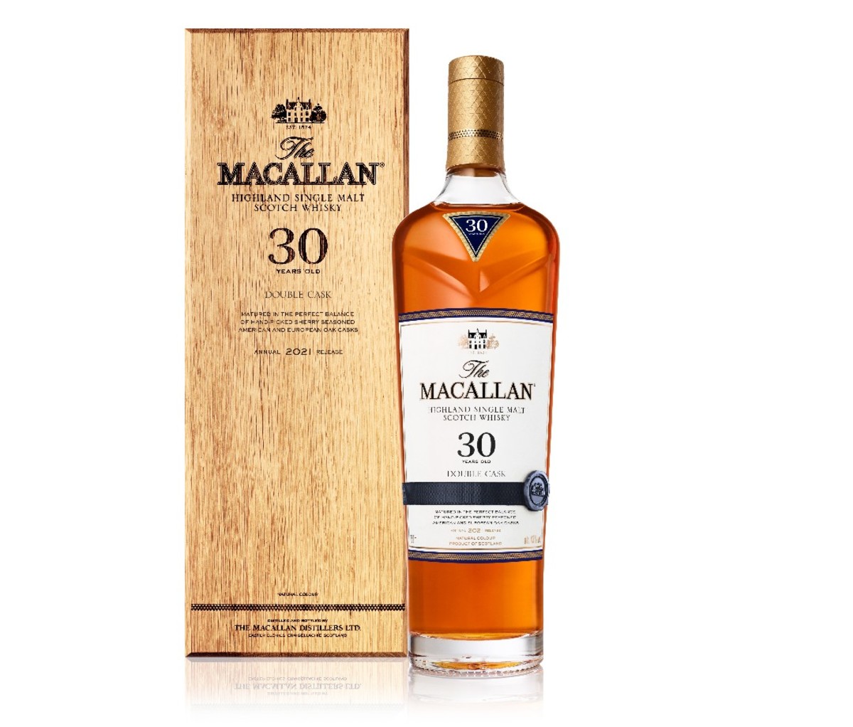 Bottle and wood container of Macallan Double Cask 30-Year-Old Single Malt Scotch Whisky