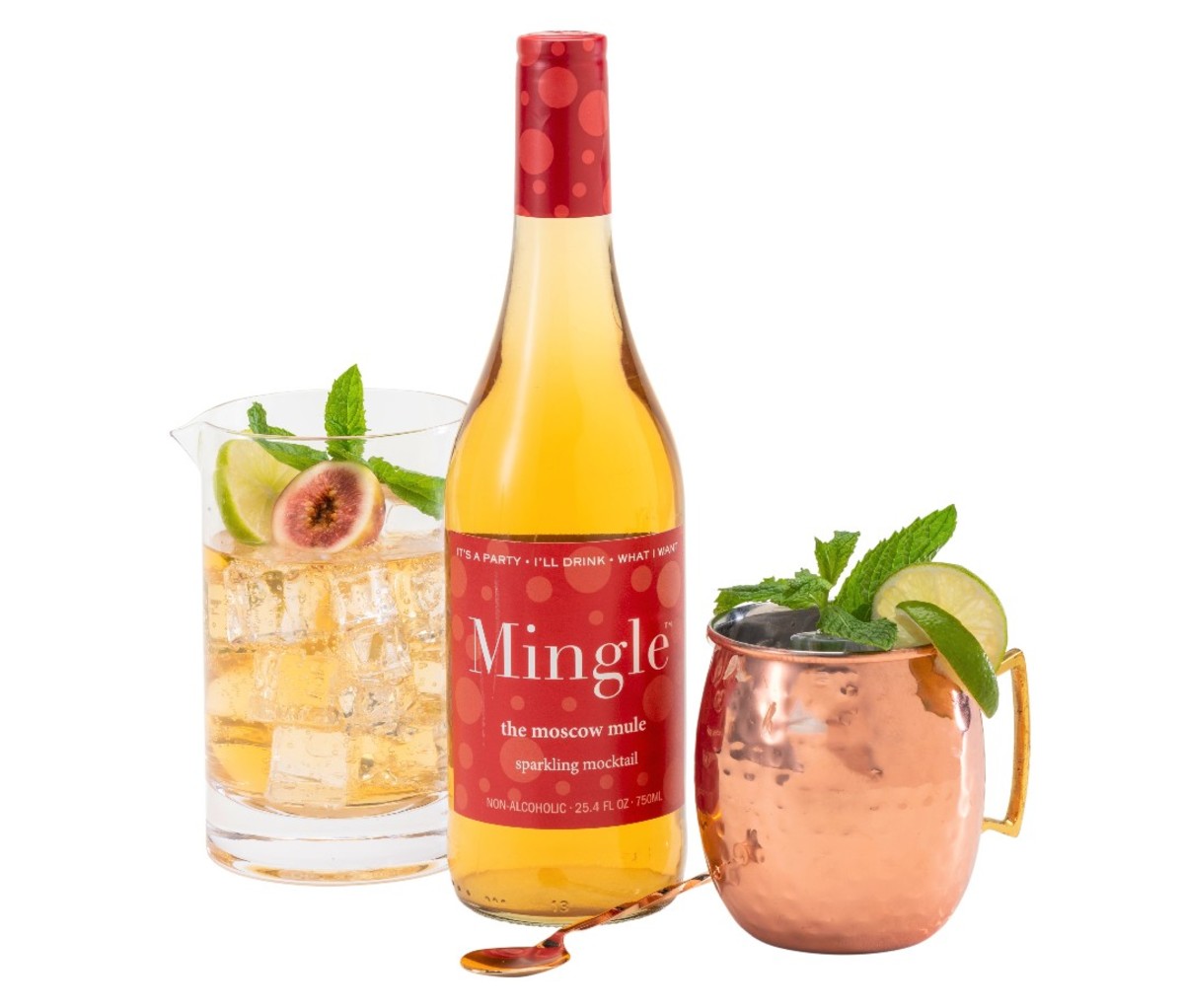 Bottle of Mingle Mocktails between two cocktails