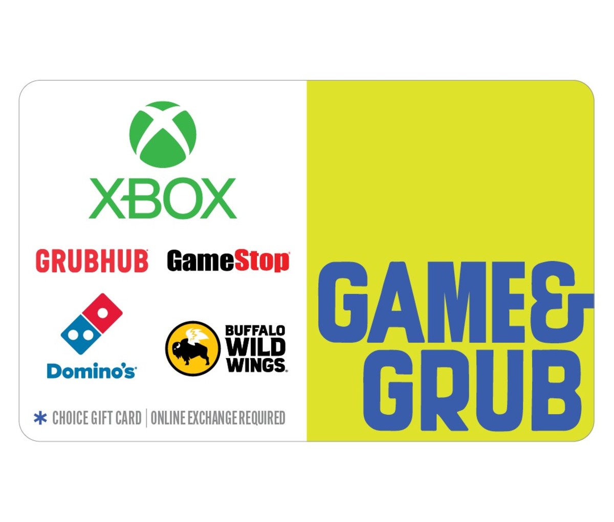 Closeup of Game & Grub gift card featuring namesake brand and affiliate brands: XBOX, GrubHub, GameStop, Dominos, Buffalo Wild Wings