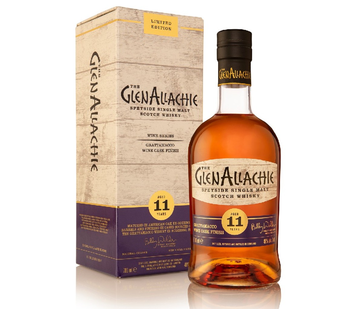Bottle (and box container) of The GlenAllachie Speyside Single Malt Scotch Whisky, Aged 11 Years
