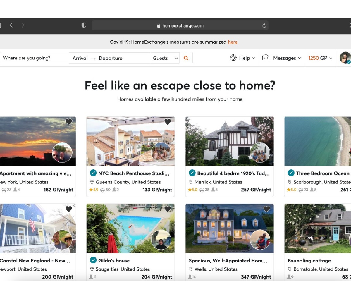 HomeExchange web page featuring various property listings available for excange