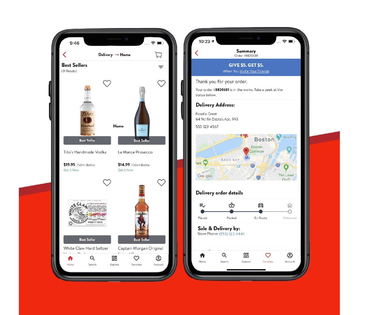 Two phone screens with Drizly beverage order and delivery information.