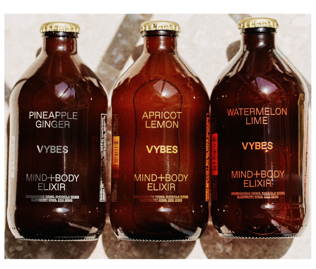 3 brown bottles of VYBES Adaptogenic Elixir