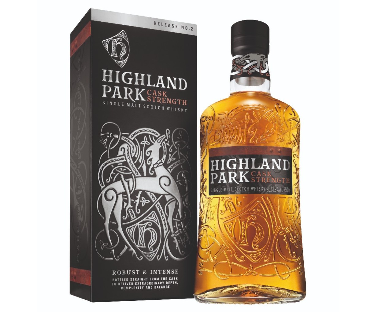 Bottle and container of Highland Park Cask Strength Single Malt Scotch Whisky