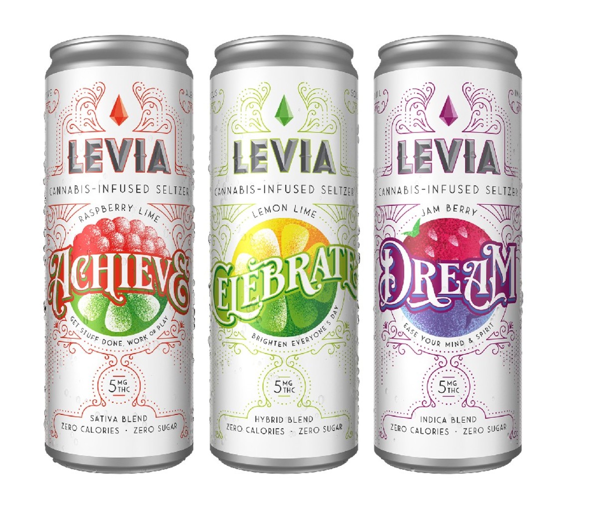 Three tall cans of LEVIA: THC infused seltzer water