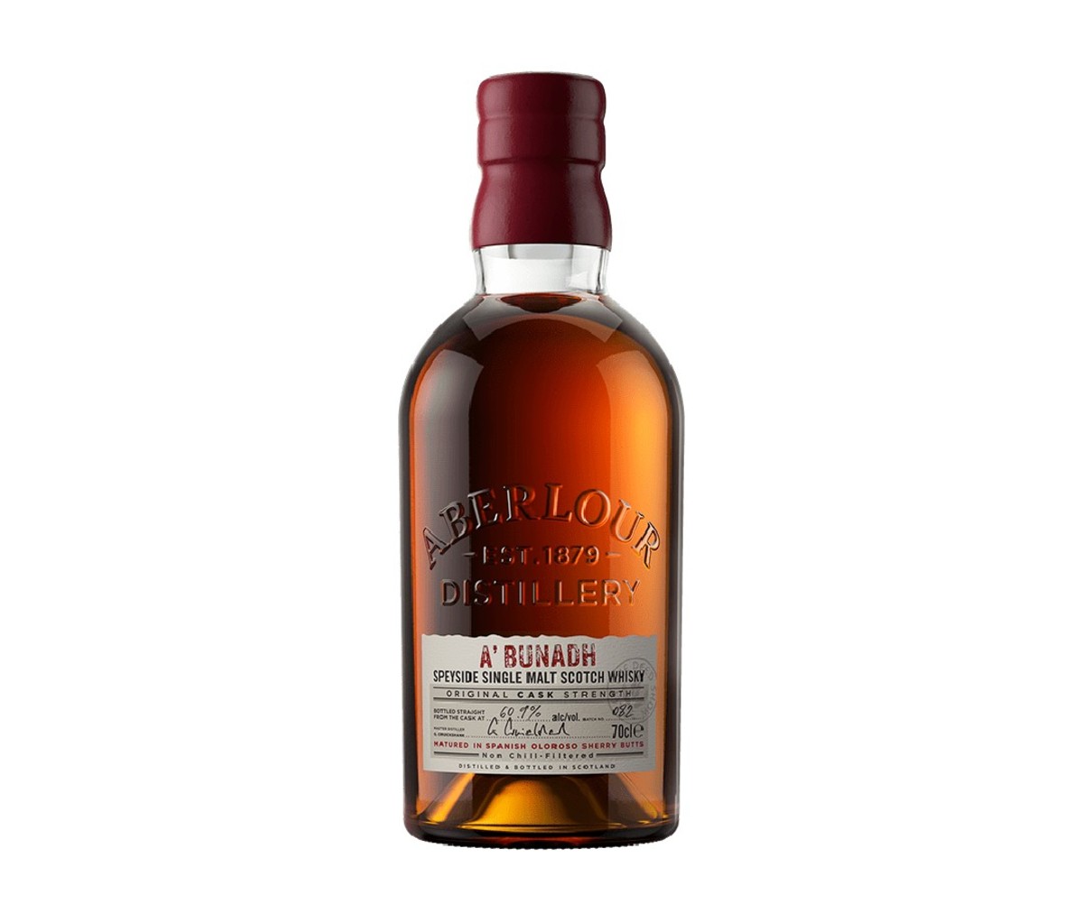 A bottle of Aberlour A’bunadh Single Malt Scotch Whisky.