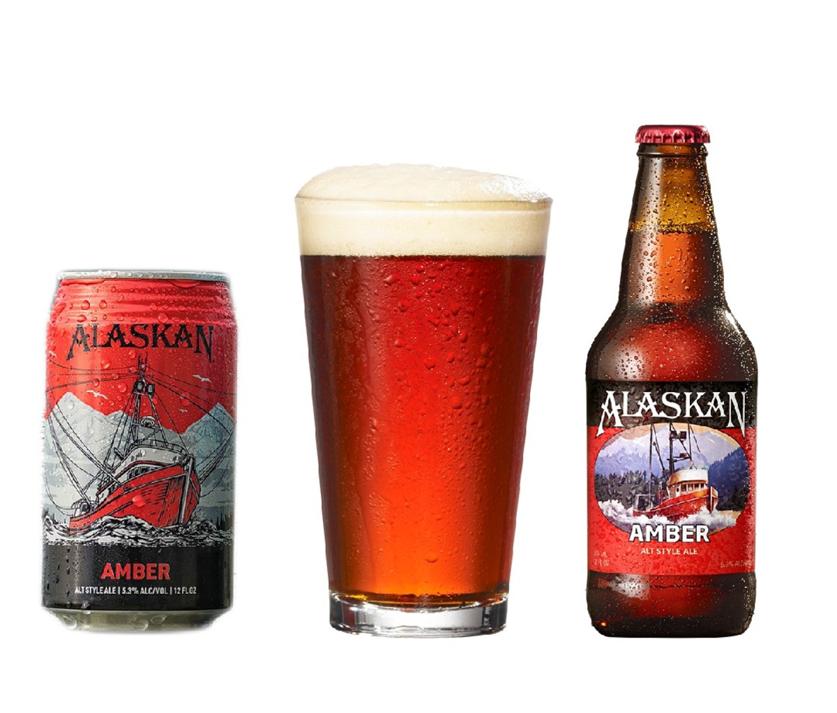 Can, filled pint glass and bottle of Alaskan Amber Ale beer