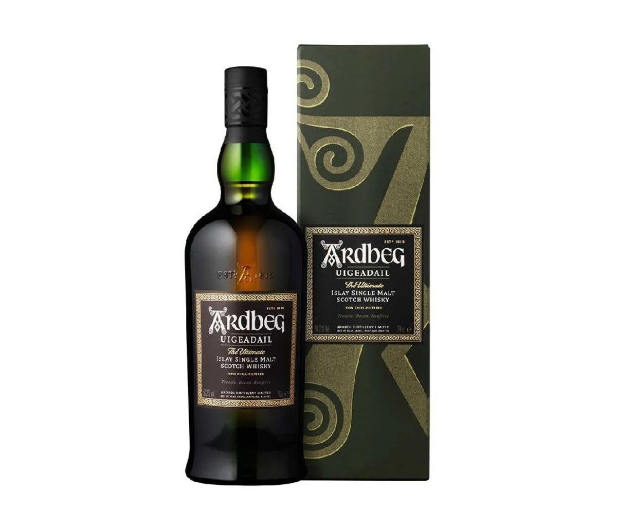 A bottle of Ardbeg Uigeadail Single Malt Scotch Whisky.