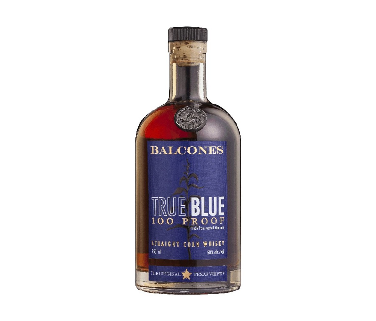 A bottle of Balcones True Blue 100 Blue Corn Whiskey.