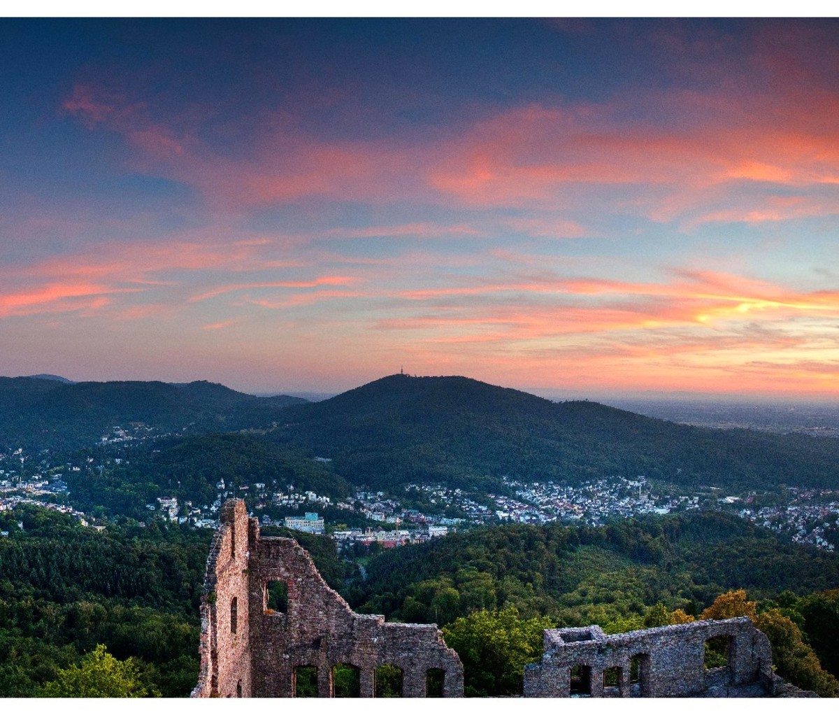 Hilltop panoramic view of Baden-Baden from ruins of Old Castle Hohenbaden
