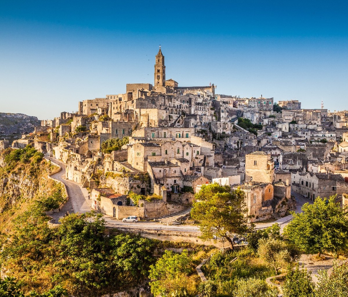 Sunrise over the town of Matera, Italy.