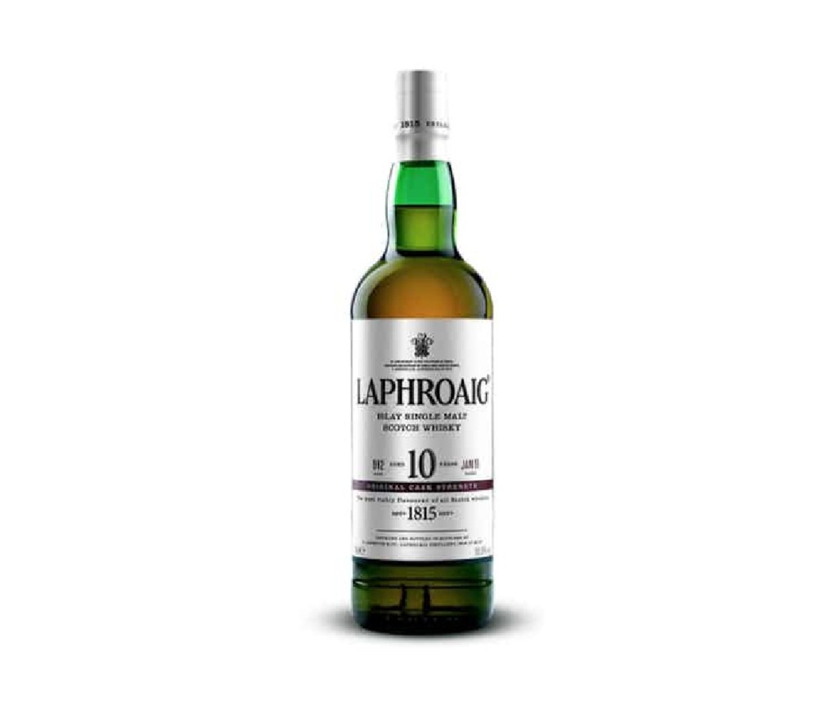 A bottle of Laphroaig 10-Year-Old Cask Strength Single Malt Scotch Whisky.