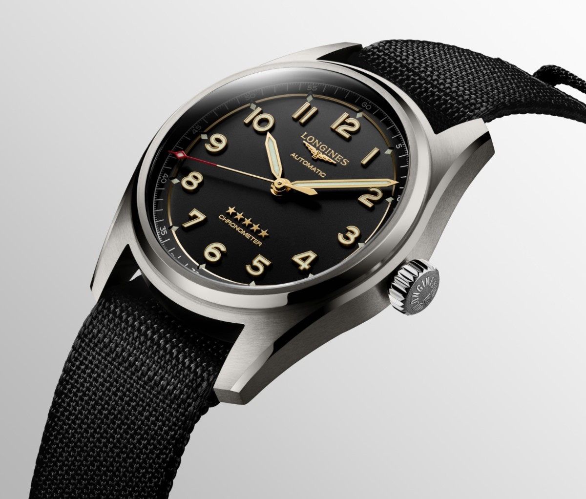 Longines Spirit pilot's watch with a black NATO nylon strap