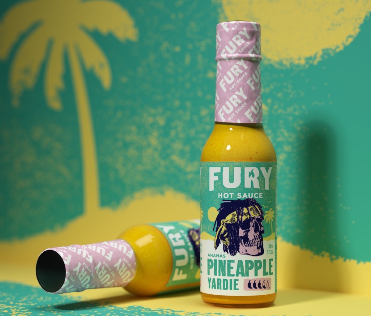 Fury Hot Sauce Pineapple Yardie against green and yellow tropical wallpaper