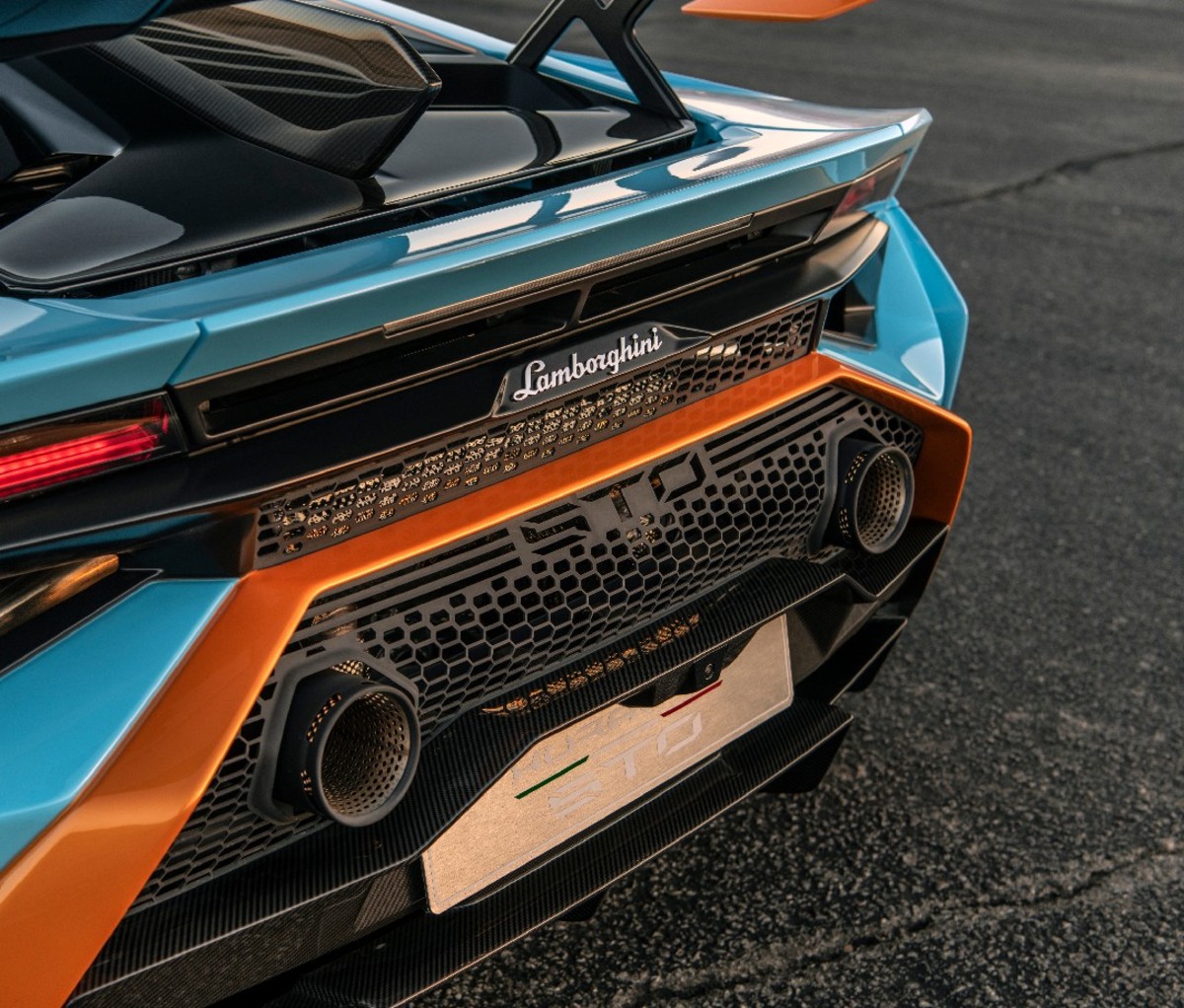 Closeup back end of blue 2021 Lamborghini Huracán STO