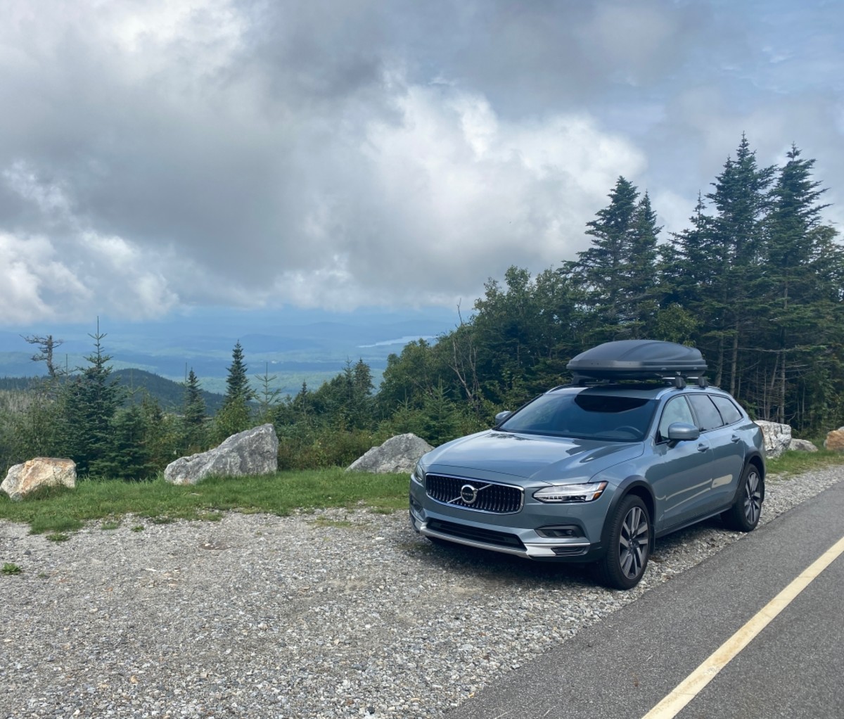 2021 Volvo V90 Cross Country parked beside a mountain road