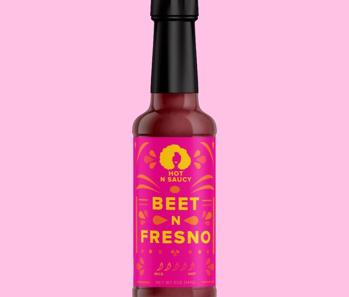 Hot N Saucy Beet n Fresno Hot Sauce against pink background