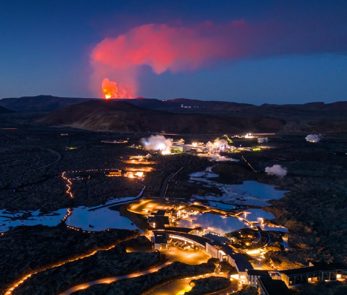 Aerial helicopter view of Mount Fagradalsfjall's active volcano on Iceland's Reykjanes Peninsula