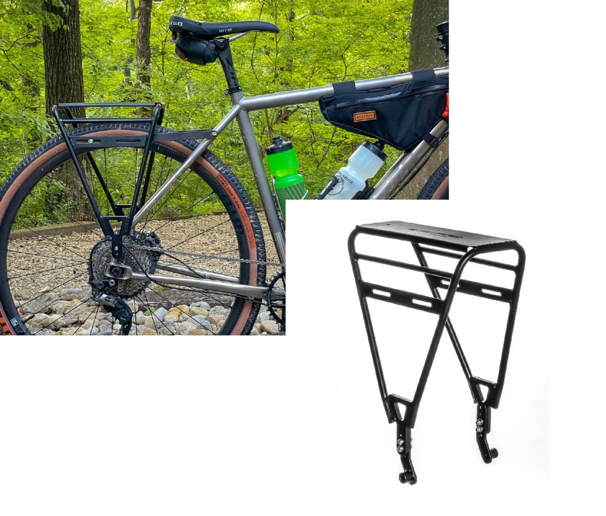 Black metal Old Man Mountain Divide bike rack on the back wheel of a bike, with an enlarged inset of the rack