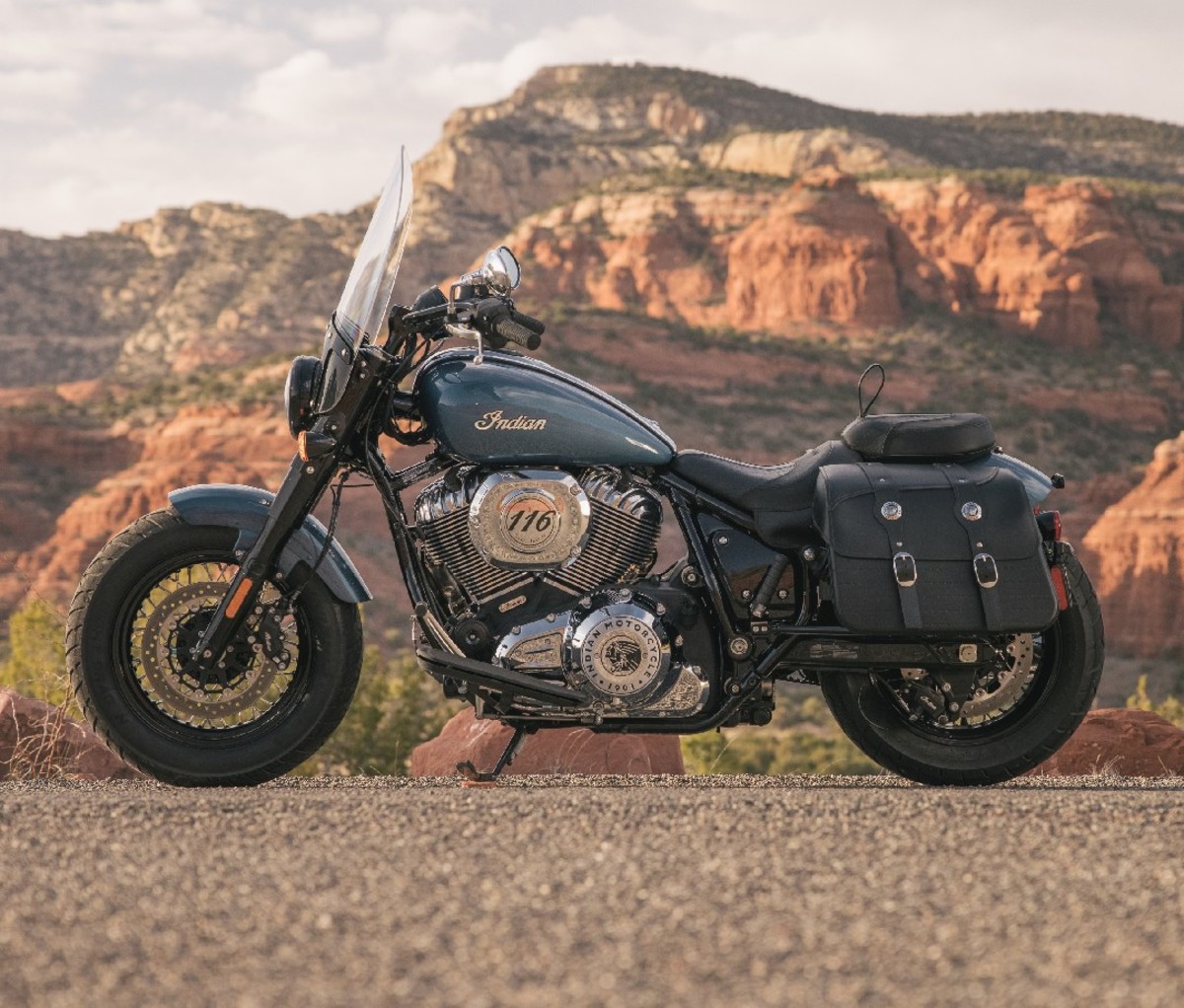 Side profile of 2022 Indian Super Chief motorcycle with mountain backdrop