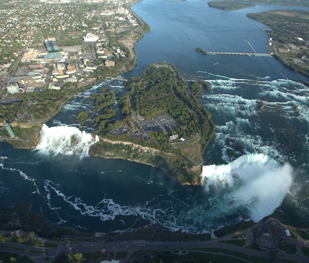 Aerial helicopter views above Niagara Falls on the U.S.-Canada border