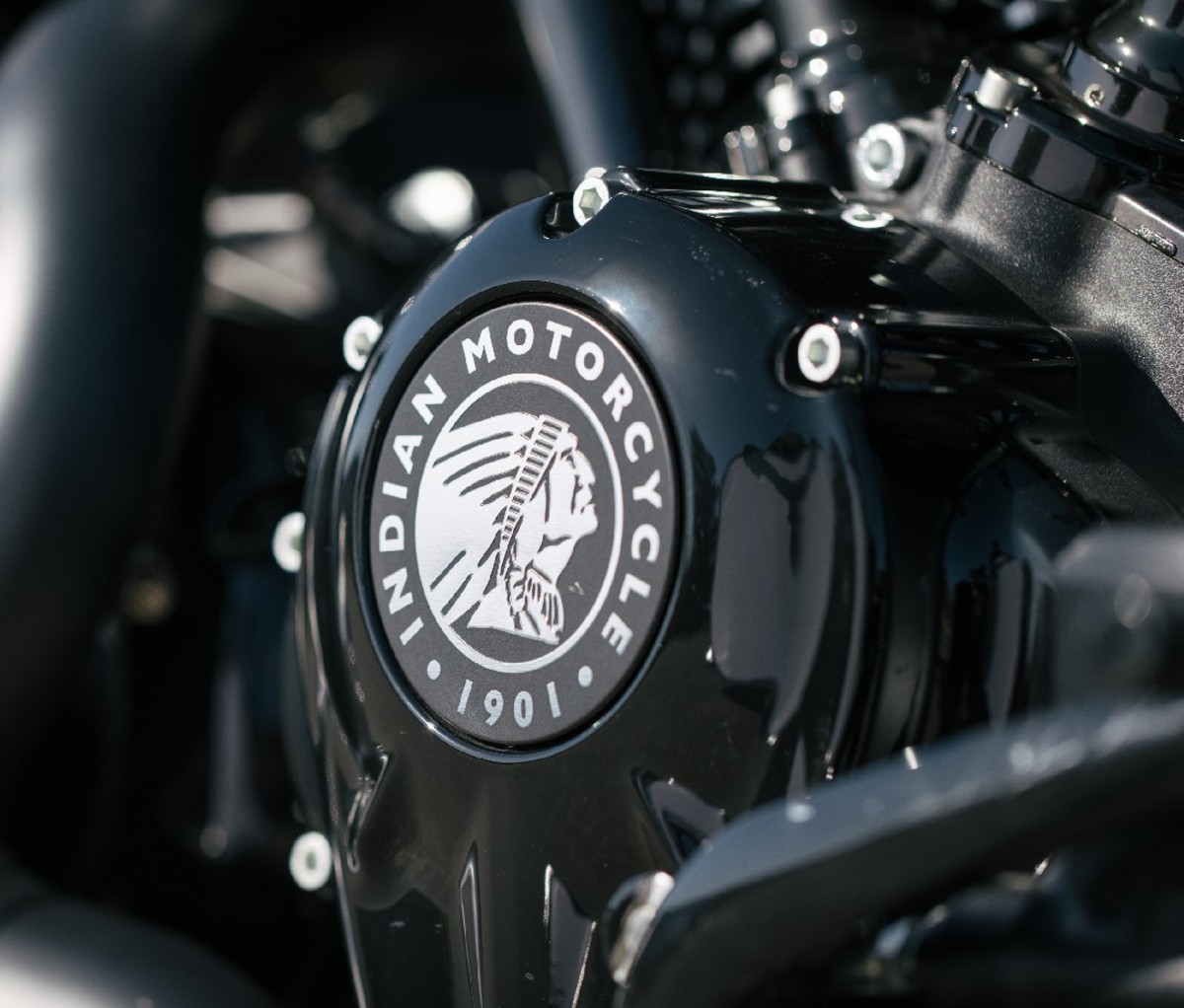 Closeup of Indian Motorcycles logo on side of motorcycle