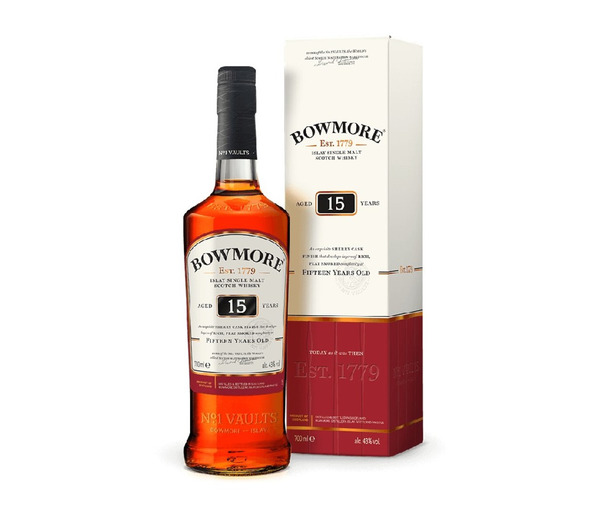 A bottle of Bowmore 15 Year Old whisky.