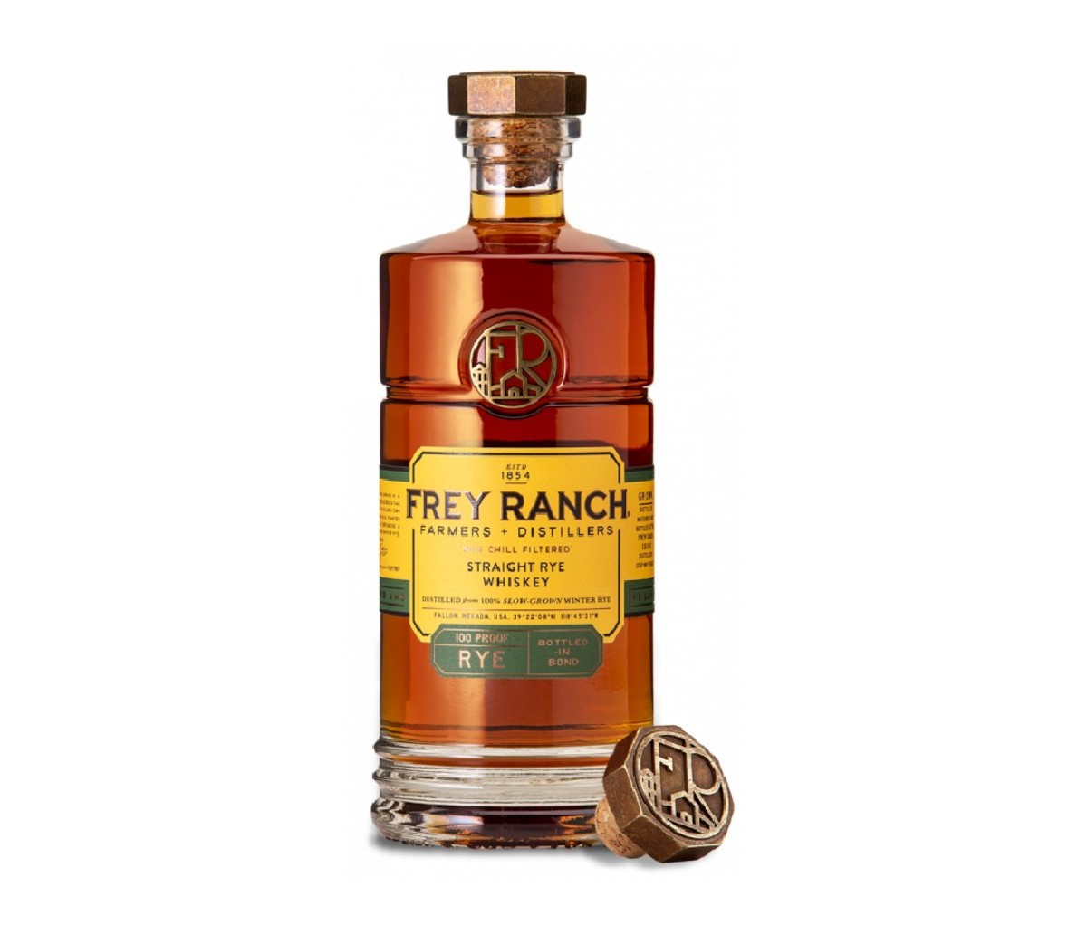 A bottle of Frey Ranch Rye whiskey