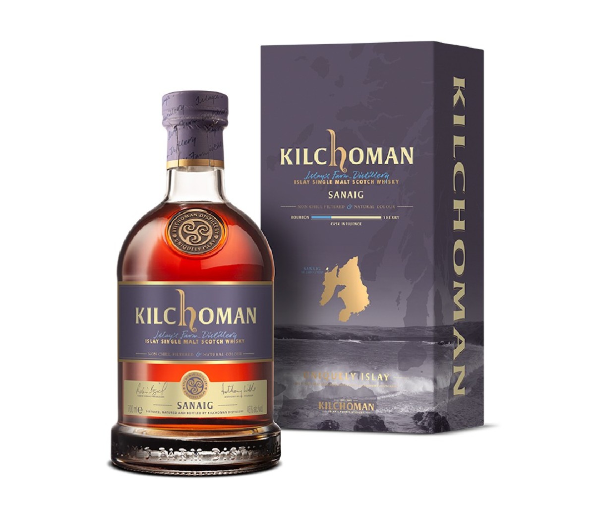 A bottle of Kilchoman Sanaig whisky.
